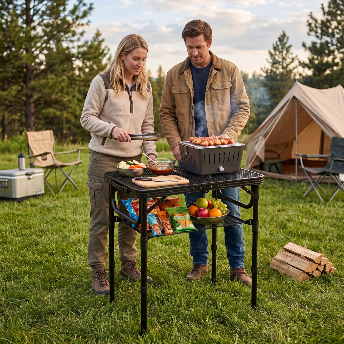 Black 3-height folding picnic table with large storage net and handle, ideal for outdoor camping and outdoor furniture use.