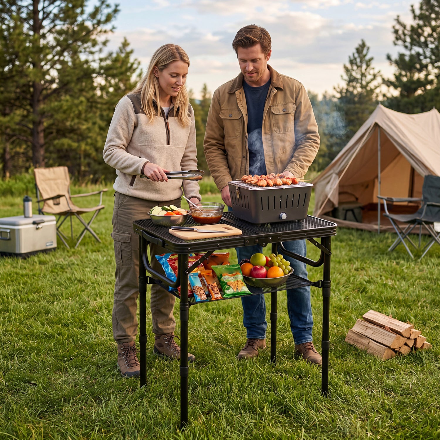 Black 3-height folding picnic table with large storage net and handle, ideal for outdoor camping and outdoor furniture use.