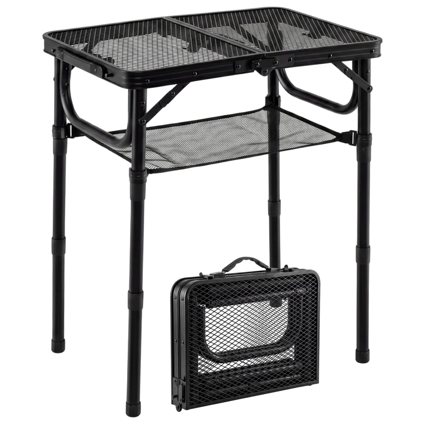 Black 3-height folding picnic table with large storage net and handle, outdoor camping furniture by Wilsons Home Store