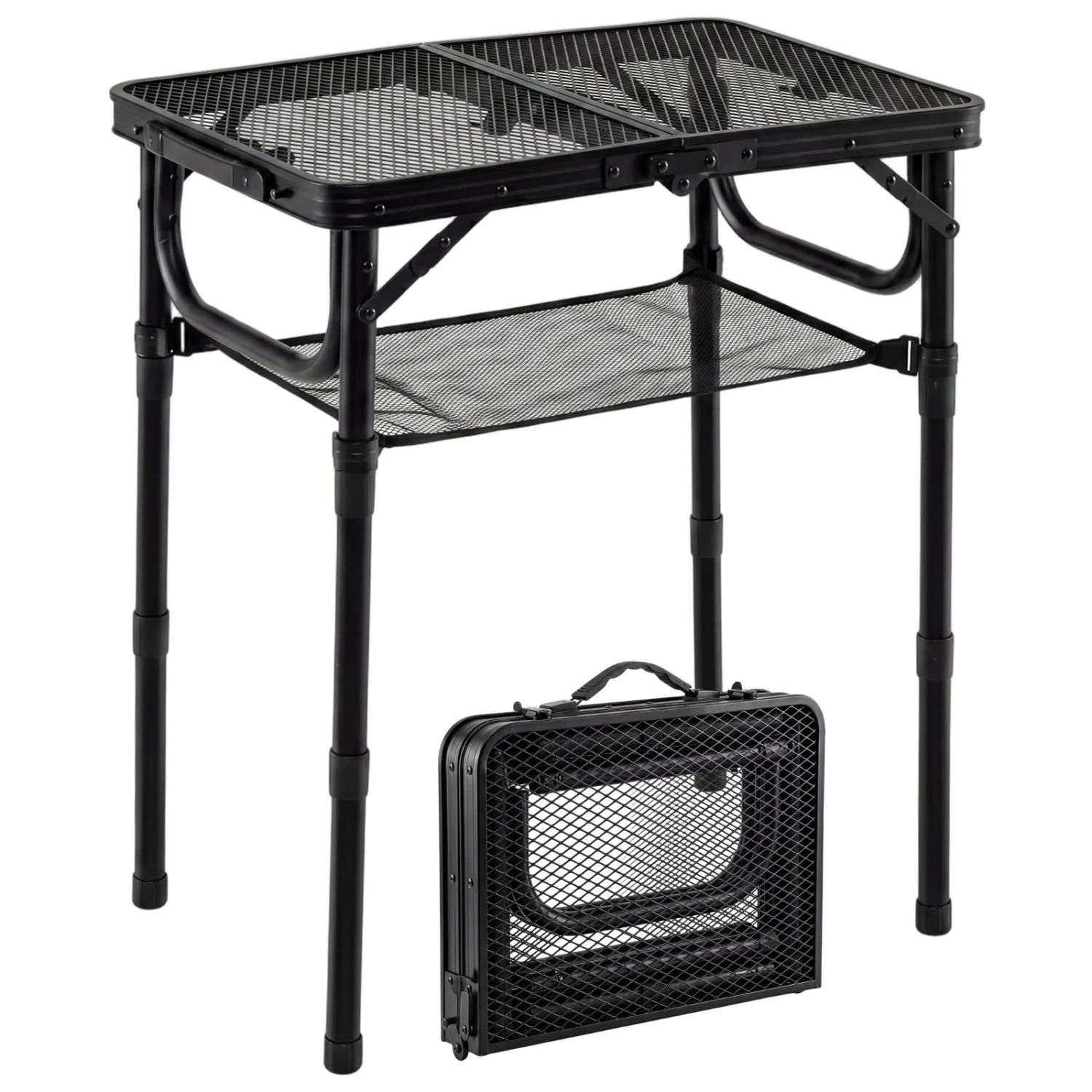Black 3-height folding picnic table with large storage net and handle, outdoor camping furniture by Wilsons Home Store