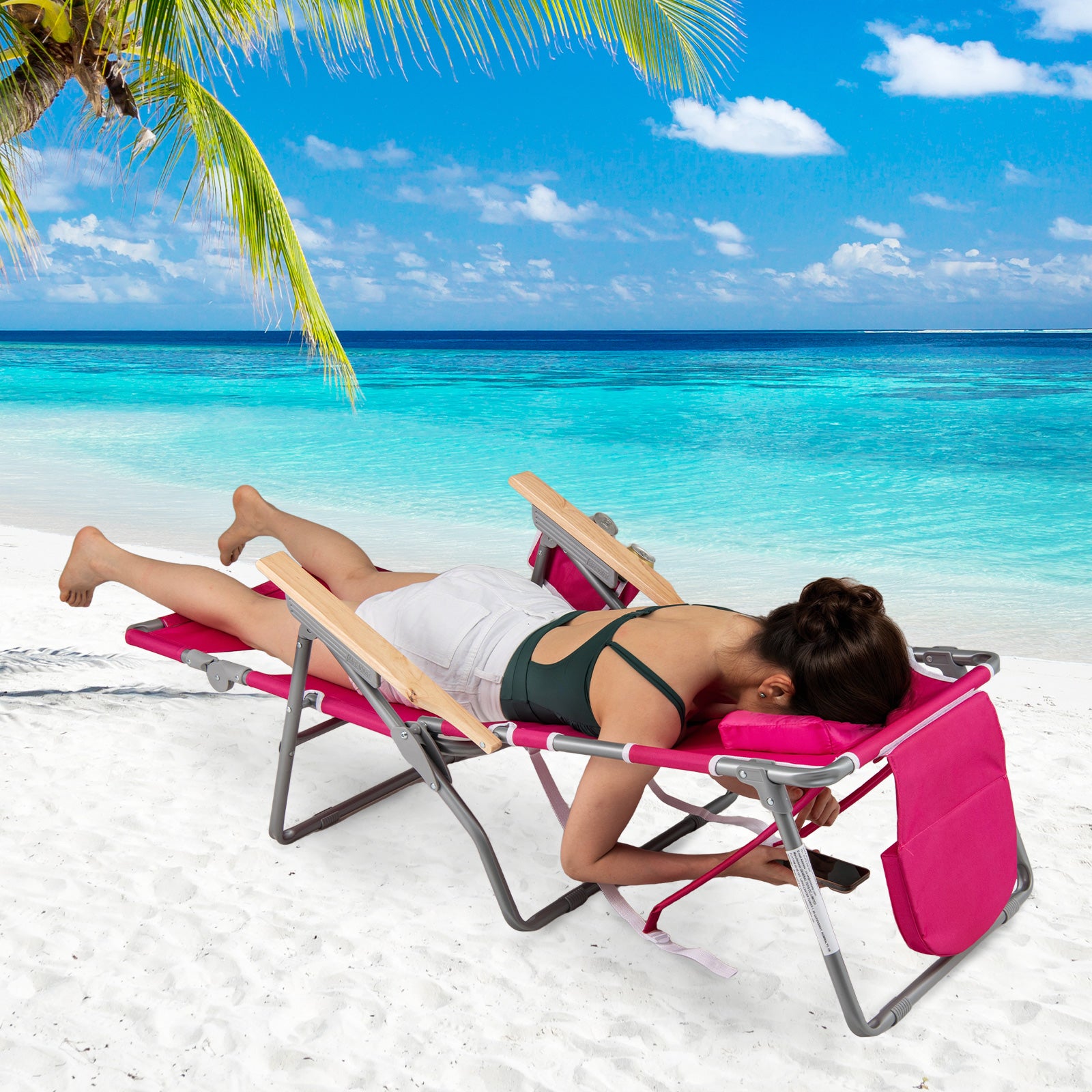 Foldable peach beach chair with footrest and adjustable backrest, outdoor patio furniture by Wilsons Home Store.