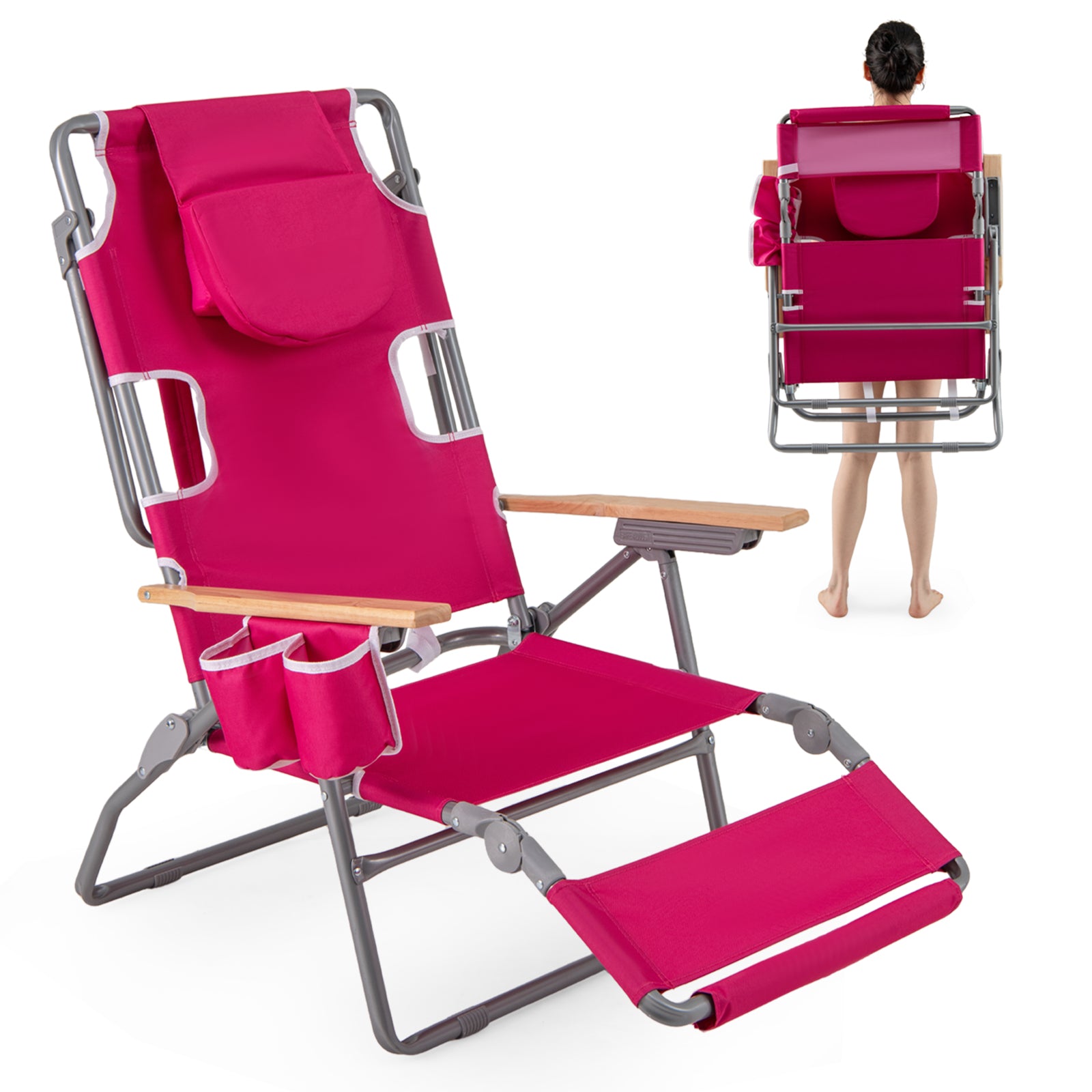 Foldable peach-colored 3-in-1 beach chair with footrest and adjustable backrest, outdoor patio seating by Wilsons Home Store.
