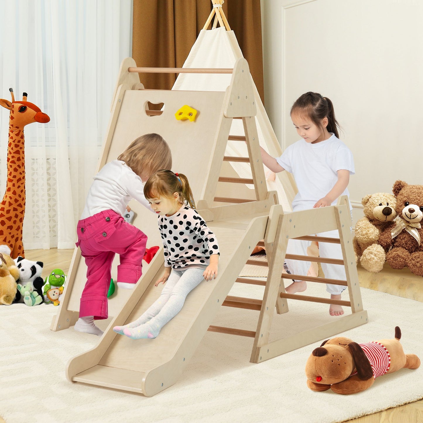 3-In 1 Jungle Gym Indoor Playground with Extended Slide for Toddlers-Natural