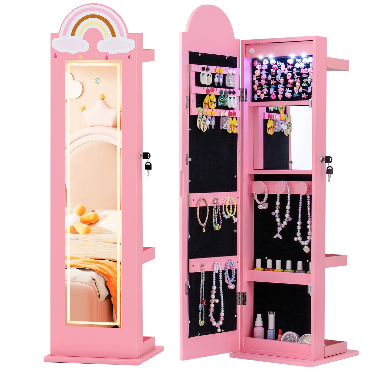 3 In 1 Kids Jewelry Cabinet Freestanding Jewelry Armoire with 3-Color Lighted Mirror-Pink