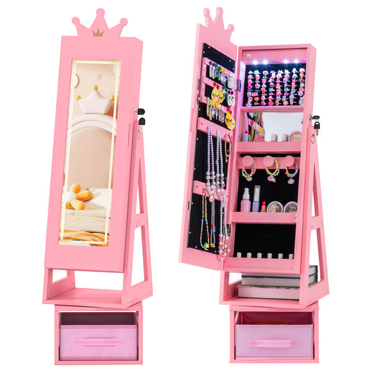 3 In 1 Kids Jewelry Cabinet with 3-Color Lighted Full Length Mirror-Pink