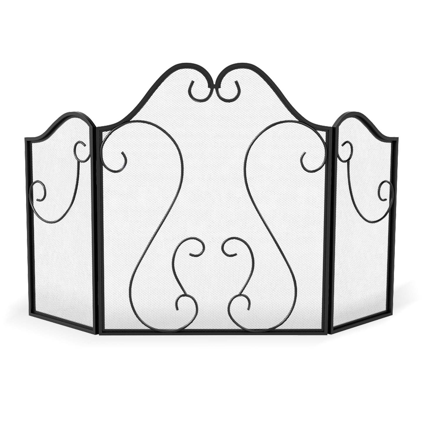 3 Panel Fireplace Screen Foldable Spark Guard Cover with Decorative Scroll