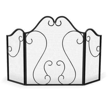 3 Panel Fireplace Screen Foldable Spark Guard Cover with Decorative Scroll