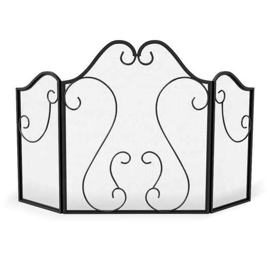 3 Panel Fireplace Screen Foldable Spark Guard Cover with Decorative Scroll