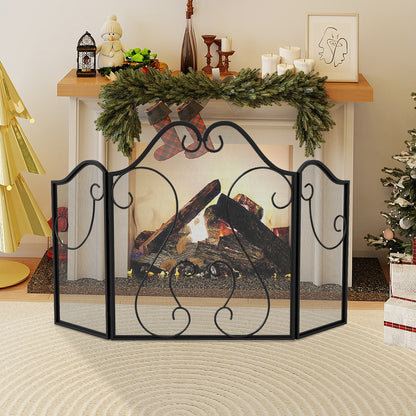 3 Panel Fireplace Screen Foldable Spark Guard Cover with Decorative Scroll