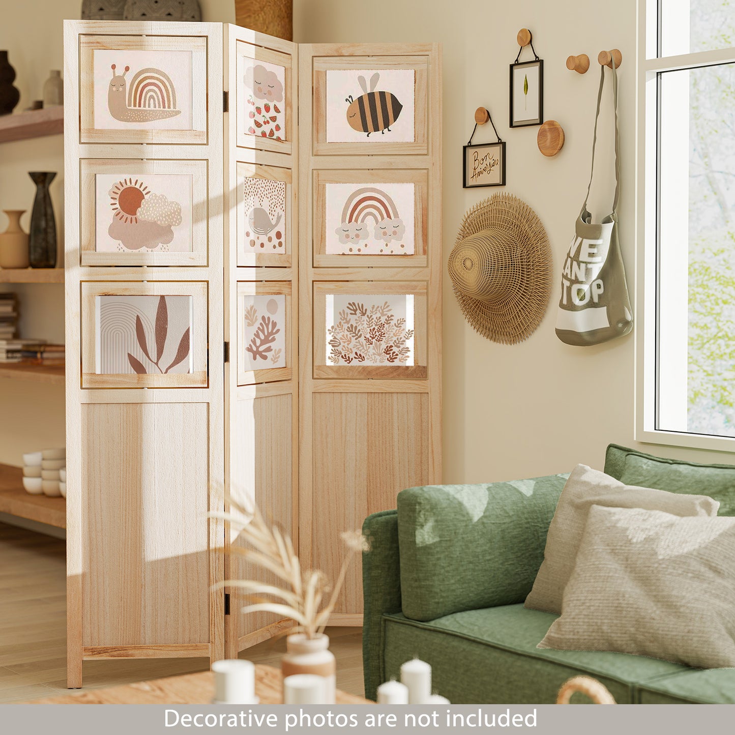 3 Panel Folding Privacy Screen with 9 Swivel Paulownia Wood Photo Frames-Natural