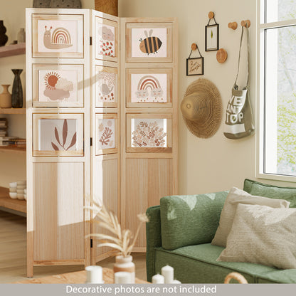 3 Panel Folding Privacy Screen with 9 Swivel Paulownia Wood Photo Frames-Natural