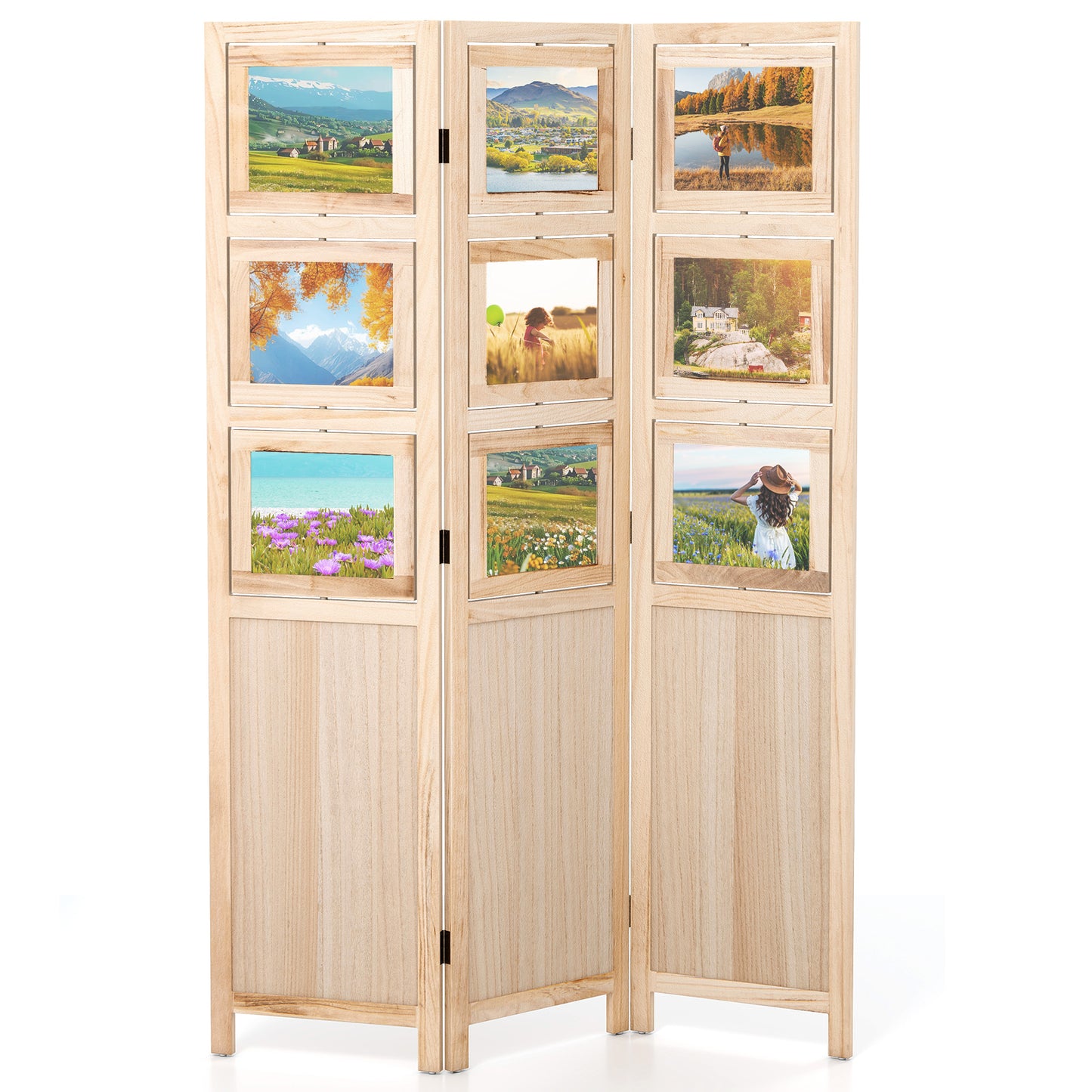 3 Panel Folding Privacy Screen with 9 Swivel Paulownia Wood Photo Frames-Natural