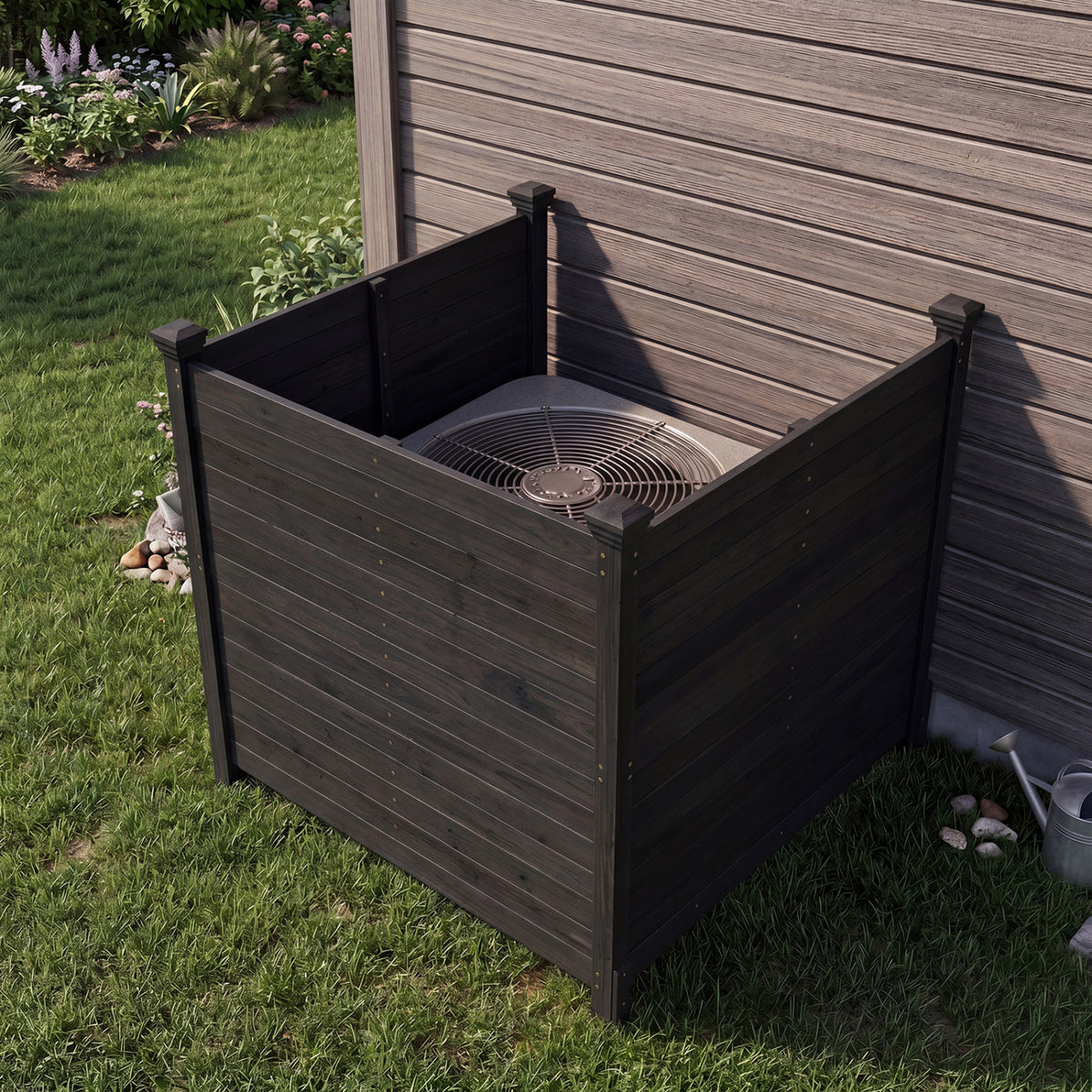 Black 3-panel outdoor privacy fence for air conditioner, decorative outdoor privacy screen by Wilsons Home Store.