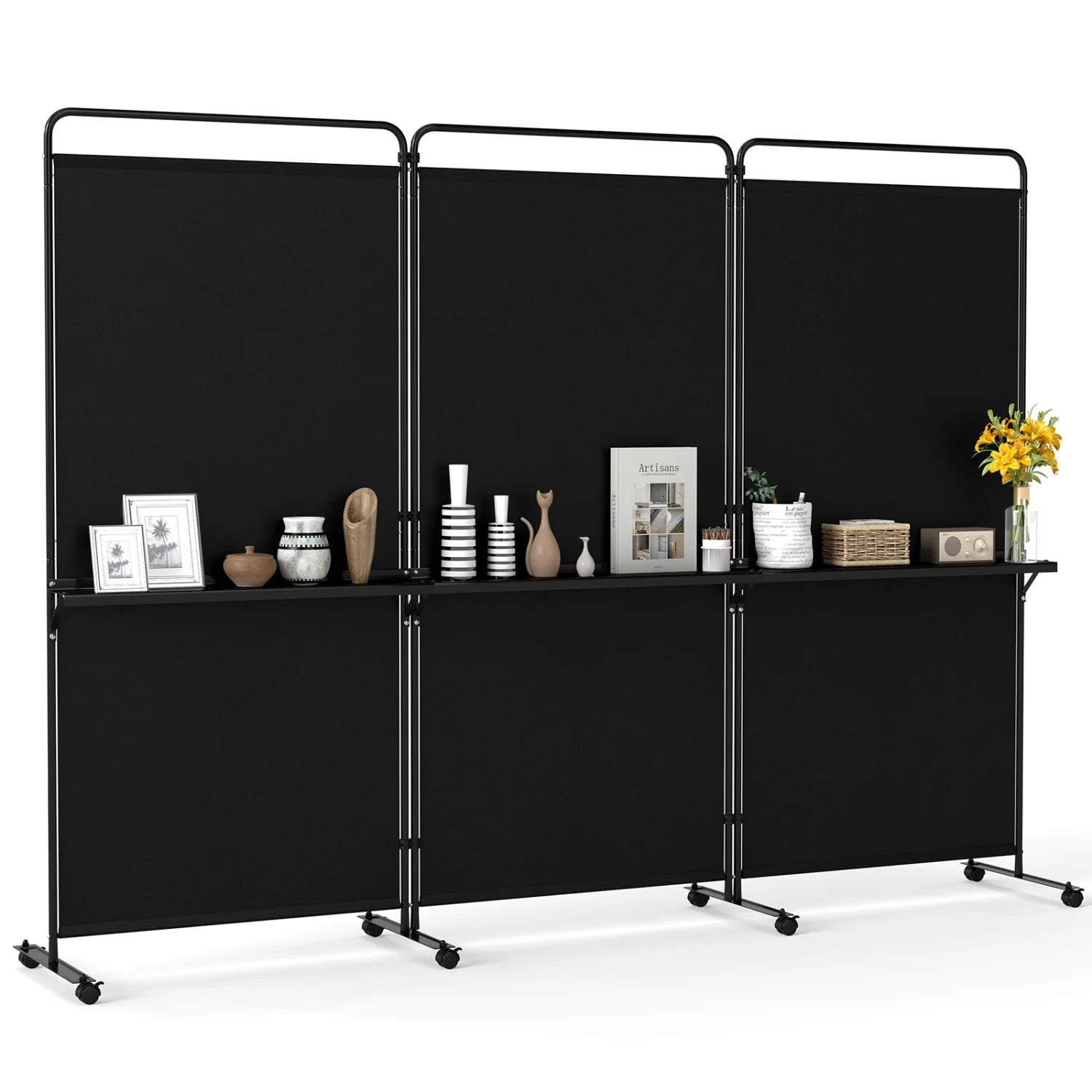 Black 3-panel room divider with shelves, 6 ft tall, foldable privacy screen with lockable wheels for versatile room separation.
