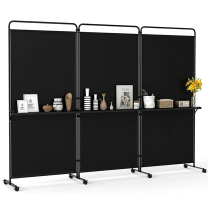 Black 3-panel room divider with shelves, 6 ft tall, foldable privacy screen with lockable wheels for versatile room separation.