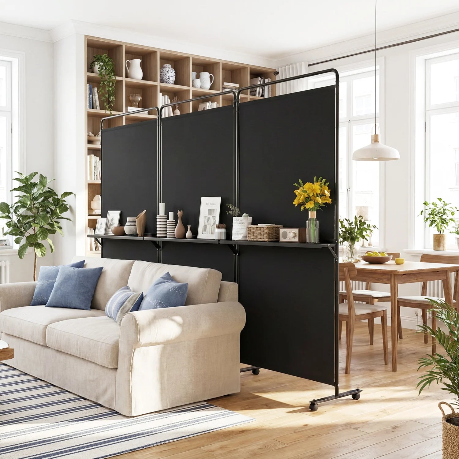 Black 3-panel room divider with shelves, 6 ft tall folding privacy screen with lockable wheels for versatile room separation.