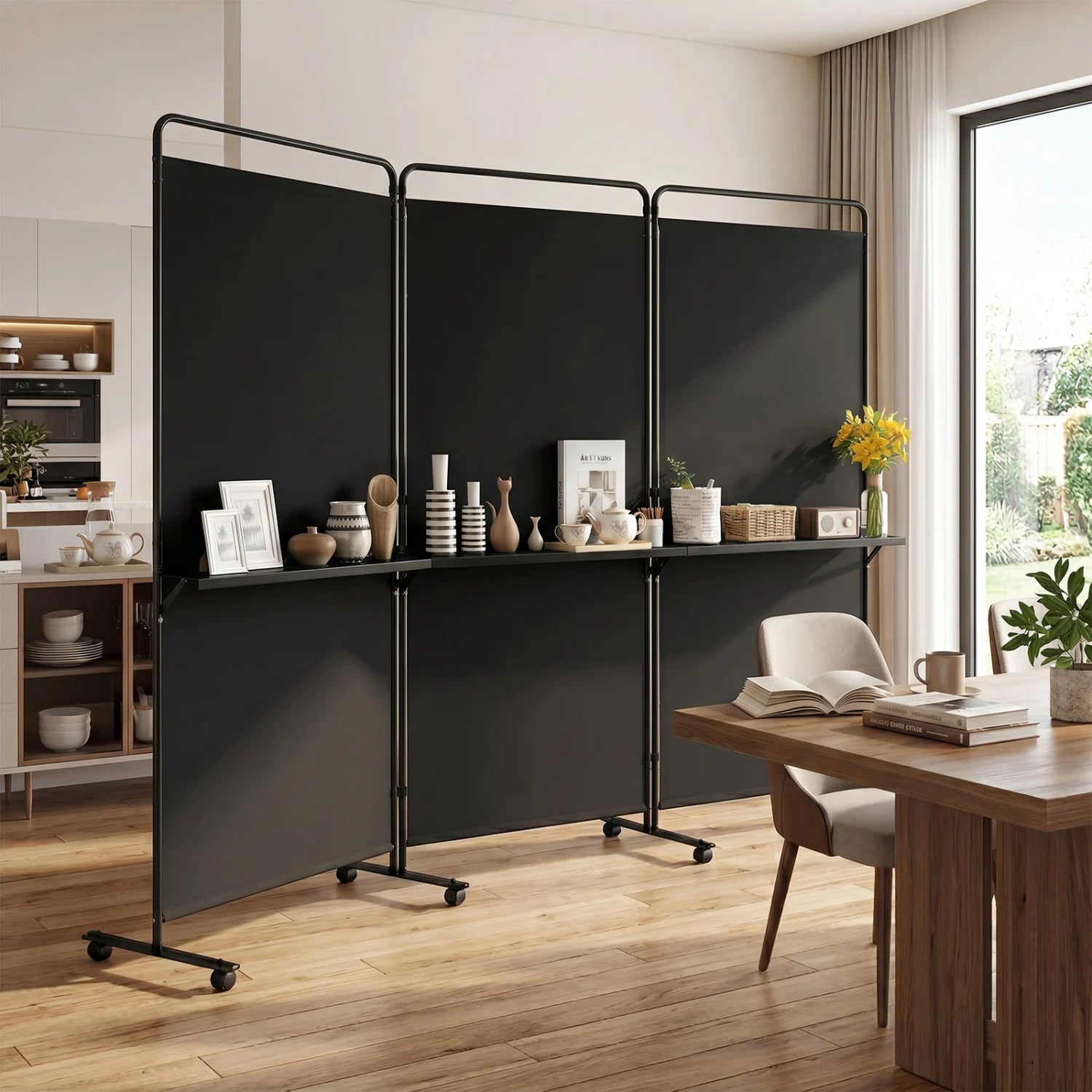 Black 3-panel room divider with shelves, 6 ft tall, folding privacy screen with lockable wheels for versatile home or office decor.
