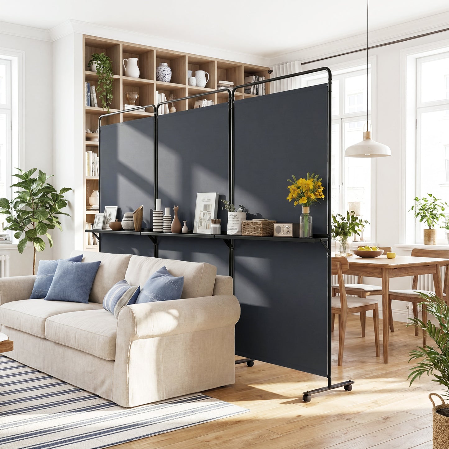 Black 6 ft tall 3-panel room divider with shelves, folding privacy screen, lockable wheels, ideal for decorating and space separation.