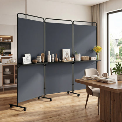 Black 3-panel room divider with shelves, 6 ft tall folding privacy screen with lockable wheels, ideal for creating private spaces.