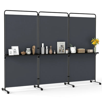 Black 6 ft 3-panel room divider with shelves, foldable privacy screen, and lockable wheels for flexible room separation.