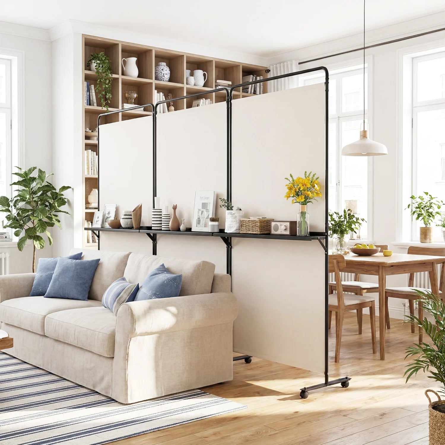 Black 6 ft tall 3-panel room divider with shelves, folding privacy screen, lockable wheels, ideal for decorating and room separation.