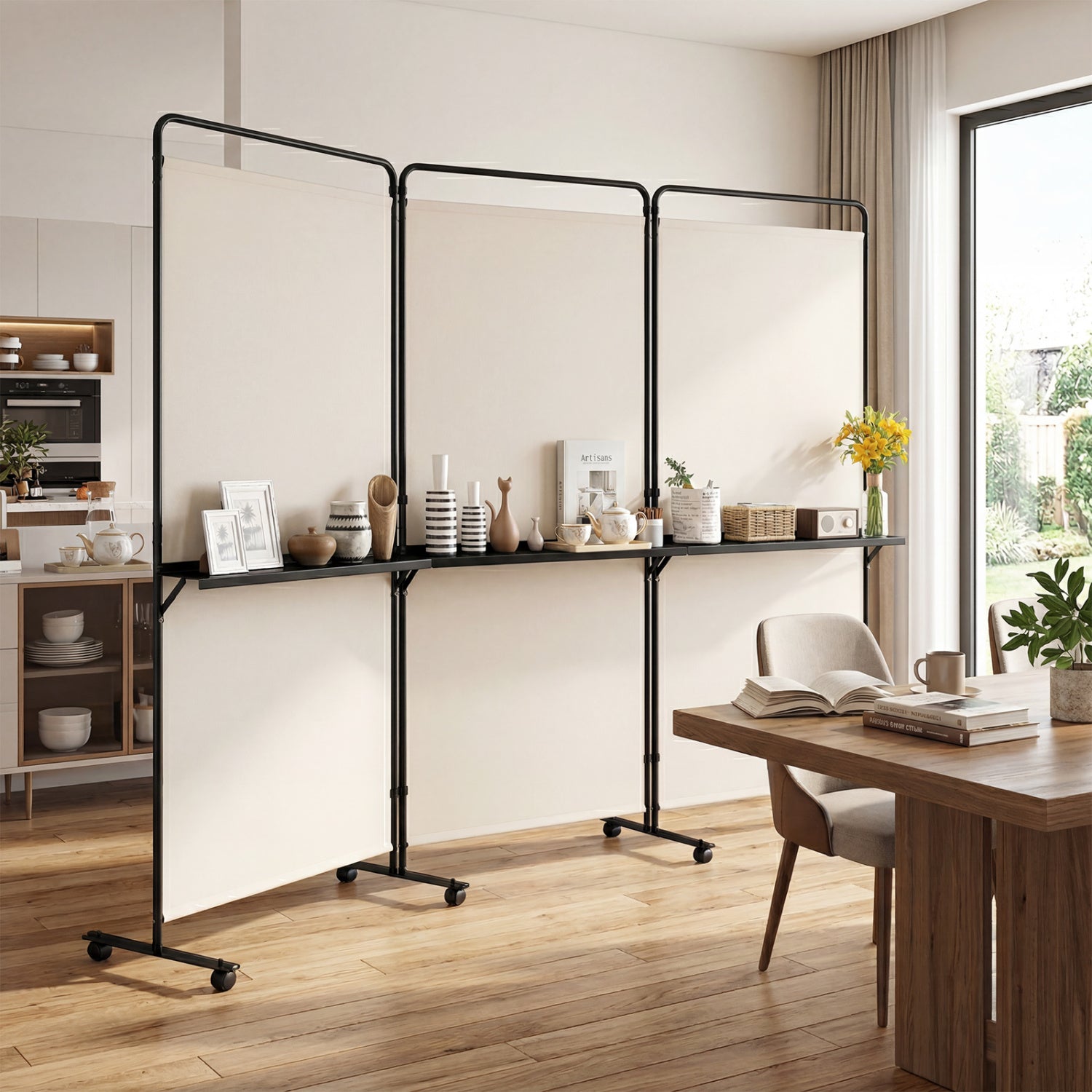 Black 3-panel room divider with shelves, 6 ft tall folding privacy screen with lockable wheels for flexible decor and space separation.