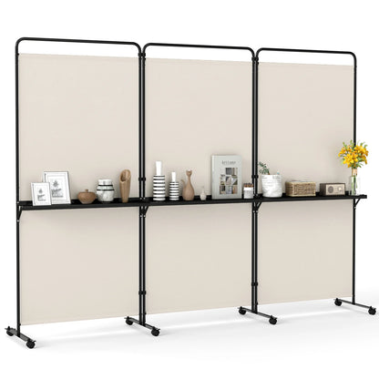 Black 6 ft 3-panel room divider with shelves, folding privacy screen with lockable wheels, ideal for stylish room separation.