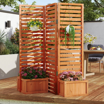 Yellow 3-panel solid wood garden fence with freestanding design and two self-draining planter boxes for outdoor raised garden beds.
