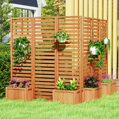 Yellow 3-panel solid wood garden fence with freestanding design and two self-draining planter boxes for outdoor raised garden beds.
