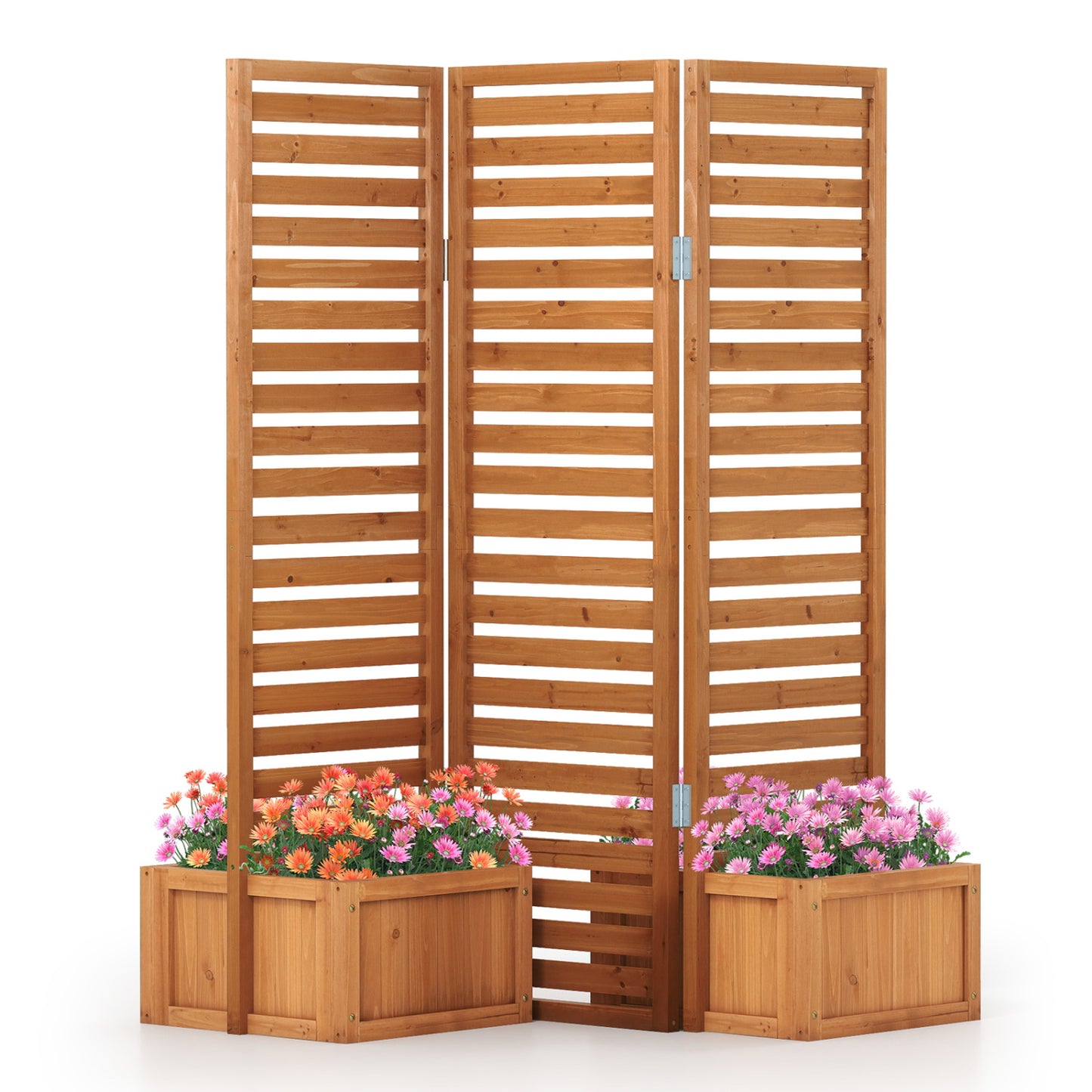Solid wood 3-panel garden fence with yellow finish, freestanding design, includes two self-draining planter boxes for outdoor gardening.
