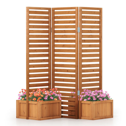 Solid wood 3-panel garden fence with yellow finish, freestanding design, includes two self-draining planter boxes for outdoor gardening.