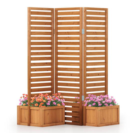 3-Panel Solid Wood Frame Freestanding Garden Fence with 2 Self-Draining Planter Boxes-Yellow