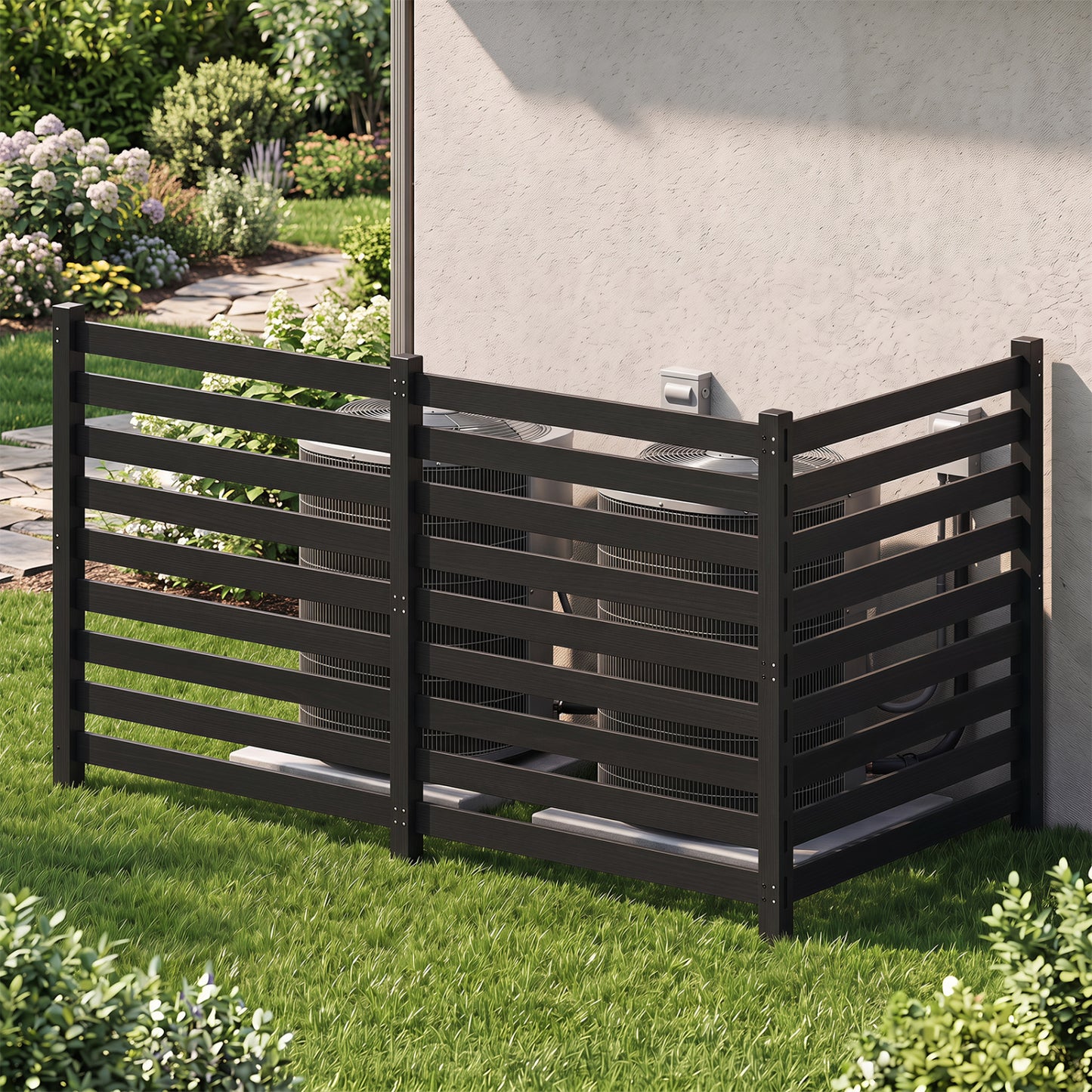 3-Panel Wooden Outdoor Privacy Fence with Ground Stakes-Black