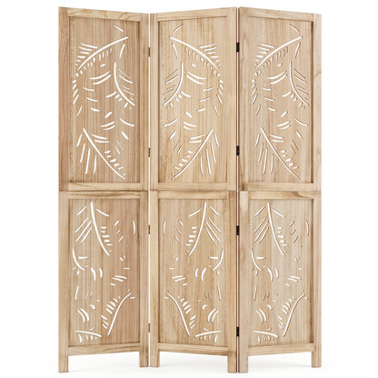 3-Panel Wooden Room Divider with Palm Leaf Design & Paulownia Frame for Home