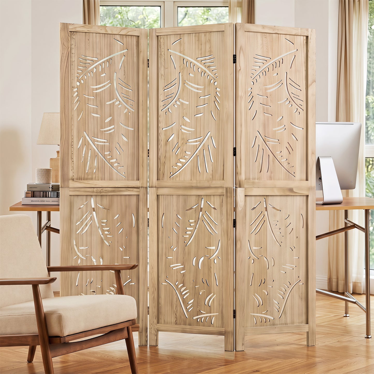 3-Panel Wooden Room Divider with Palm Leaf Design & Paulownia Frame for Home