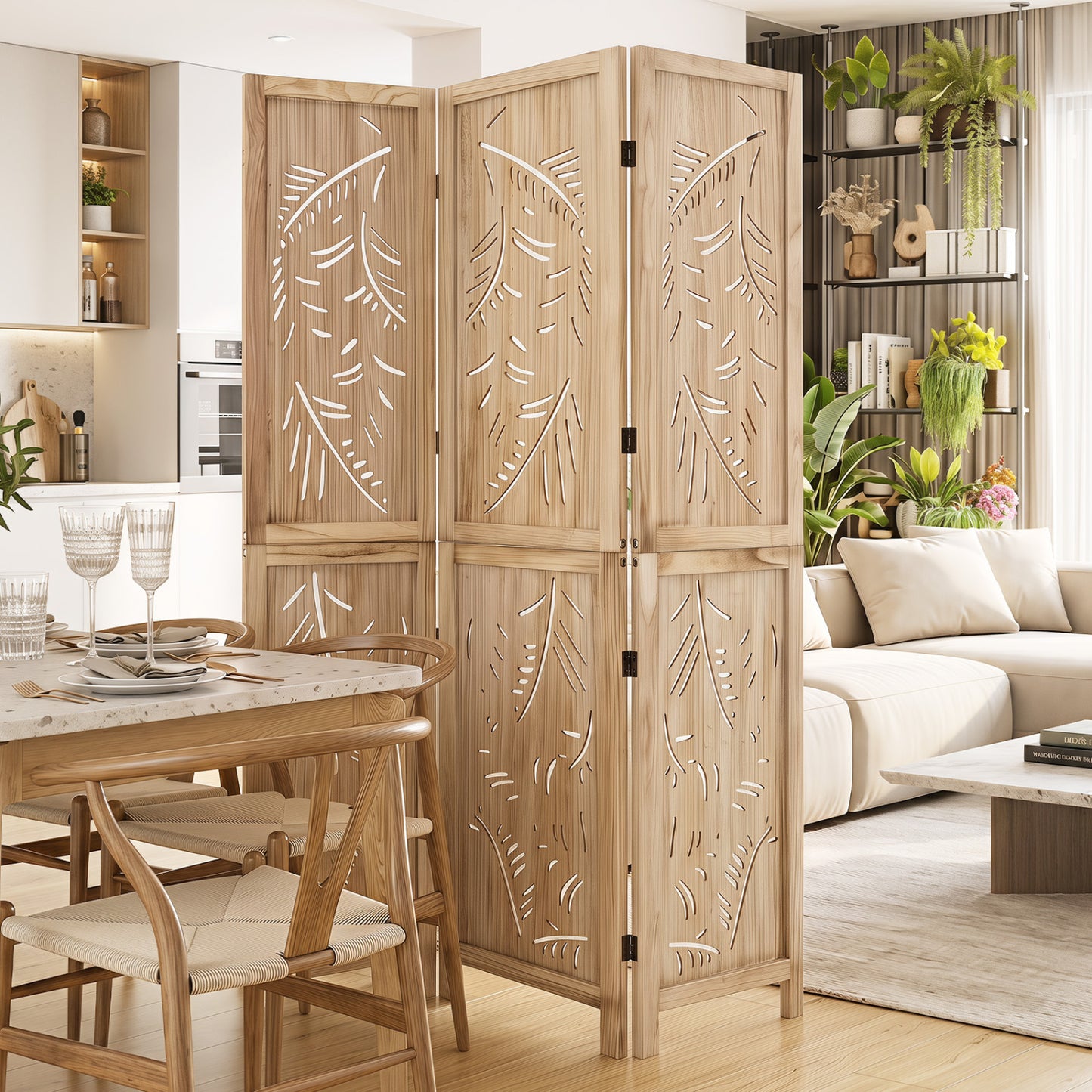 3-Panel Wooden Room Divider with Palm Leaf Design & Paulownia Frame for Home