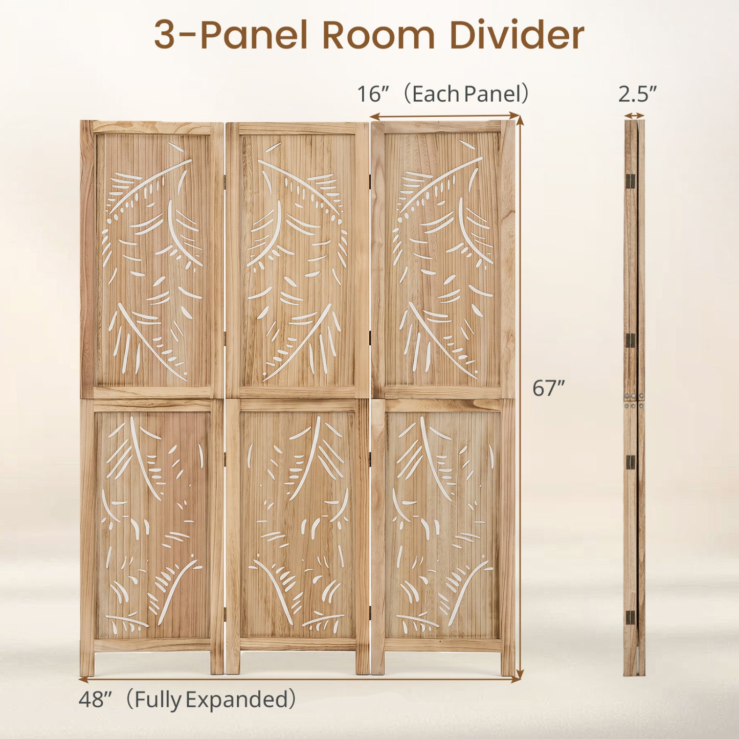 3-Panel Wooden Room Divider with Palm Leaf Design & Paulownia Frame for Home