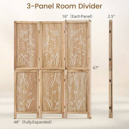 3-Panel Wooden Room Divider with Palm Leaf Design & Paulownia Frame for Home