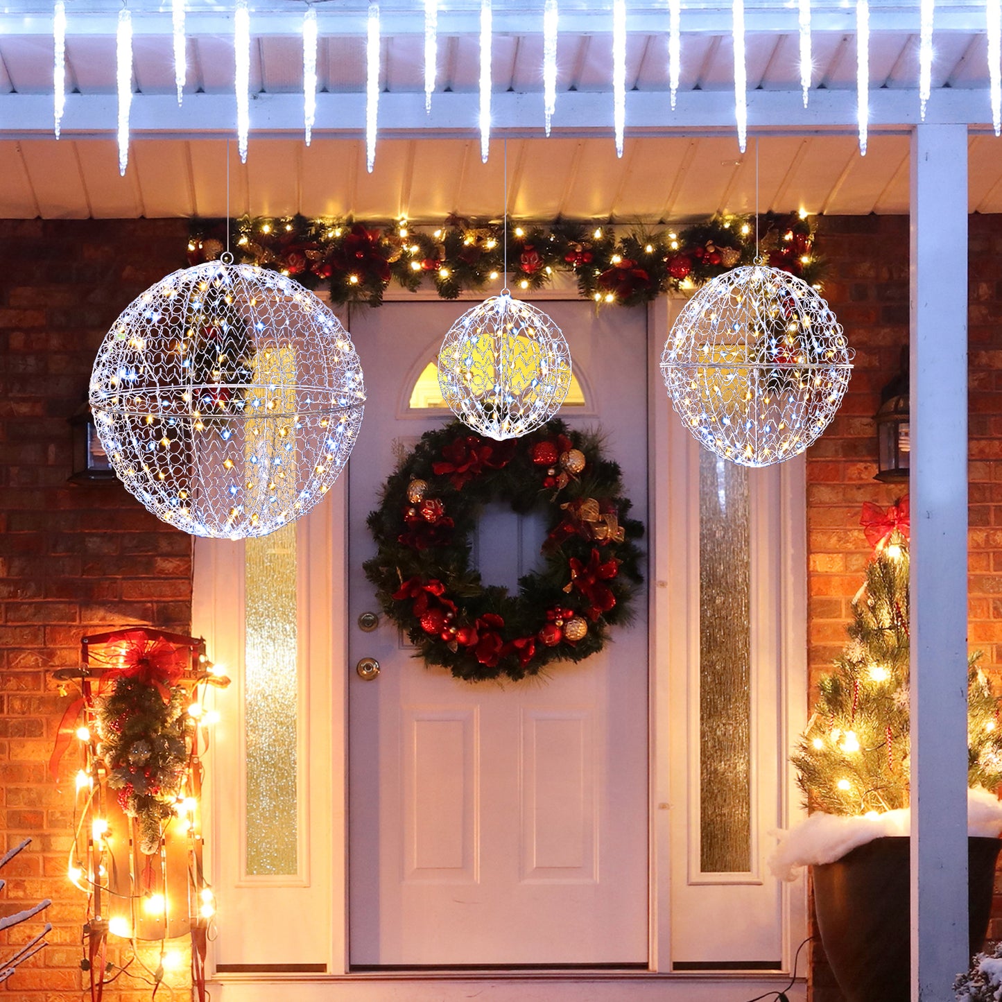 3 Pcs Lighted Christmas Balls Large Standing/Hanging Metal Sphere Lights with 435 LEDs
