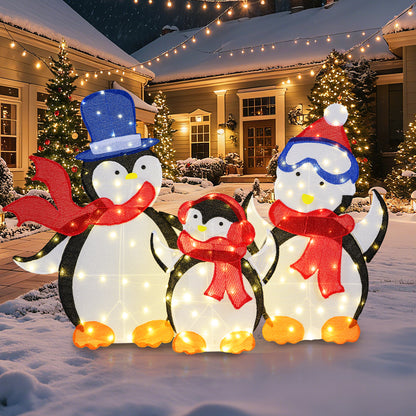3-Piece 2D Lighted Penguin Family Christmas Decoration with 160 LED Lights