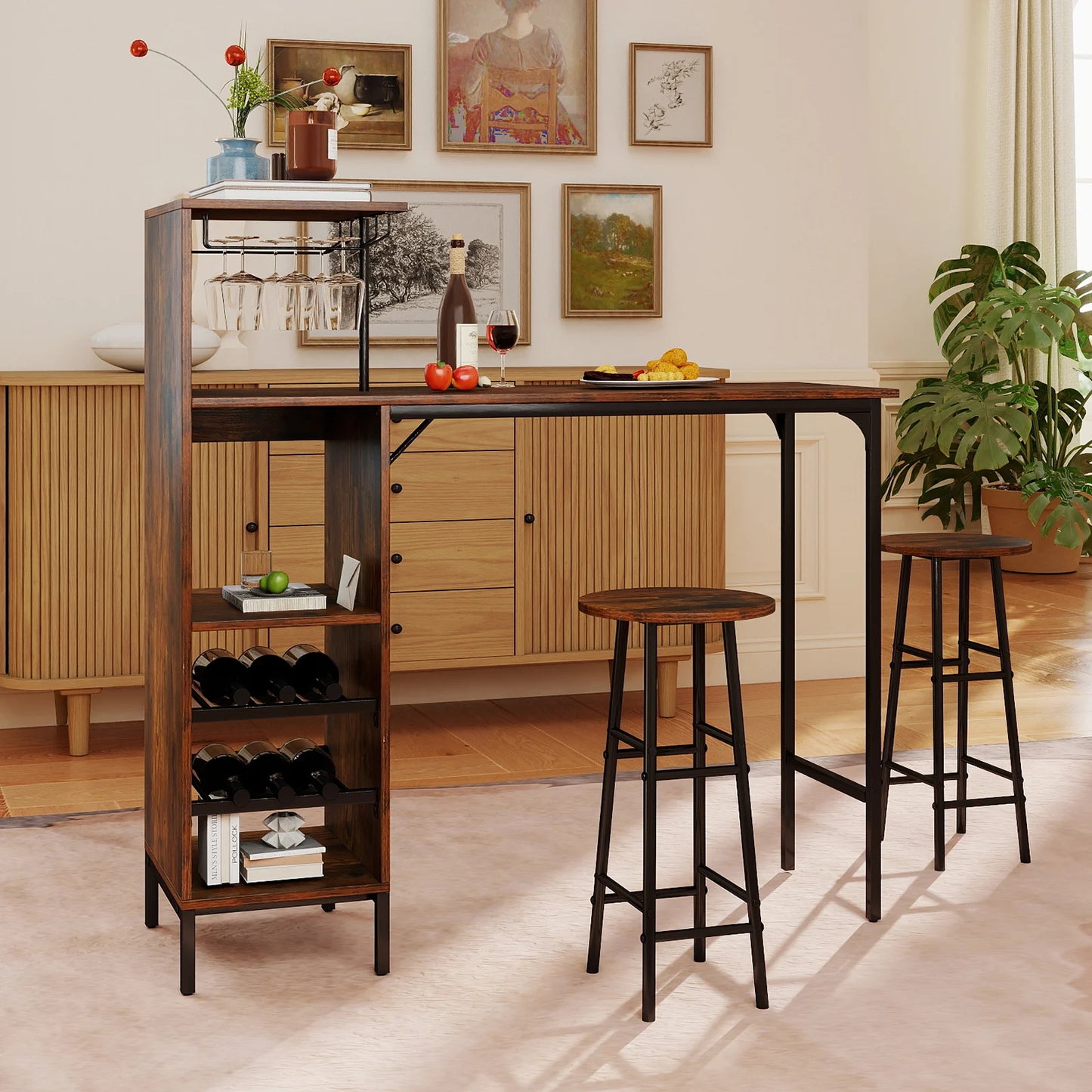 3 Piece Bar Table and Chairs Set with 6-Bottle Wine Rack-Oak