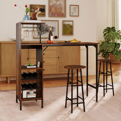 3 Piece Bar Table and Chairs Set with 6-Bottle Wine Rack-Oak