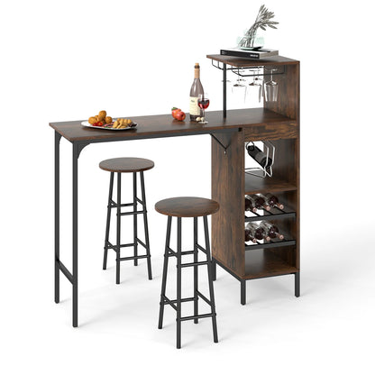 3 Piece Bar Table and Chairs Set with 6-Bottle Wine Rack-Oak