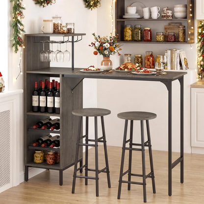 3 Piece Bar Table and Chairs Set with 6-Bottle Wine Rack-Oak