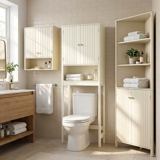 Three-piece bathroom cabinet set with fluted doors, including over toilet, corner, and wall cabinets for bathroom storage.