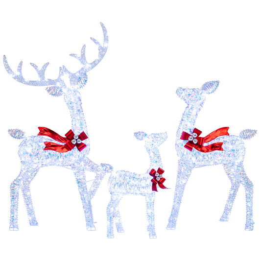 3-Piece Christmas Lighted Iridescent Reindeer Family Set with 215 Cold White LED Lights and Ground Stakes
