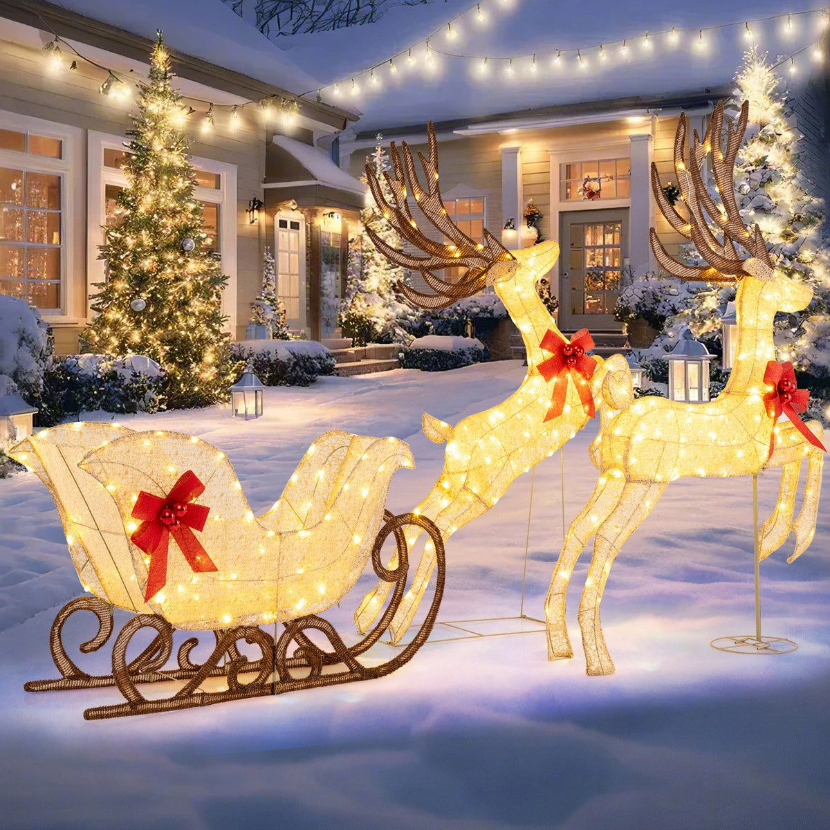 3-piece Christmas lighted reindeer and sleigh outdoor holiday decor set for lawn and garden display.