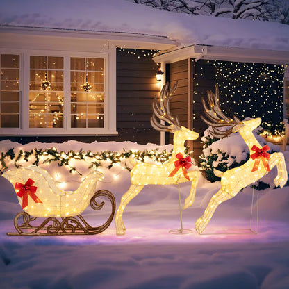 Three-piece Christmas lighted reindeer and sleigh outdoor lawn decor set with festive holiday design for garden decoration.