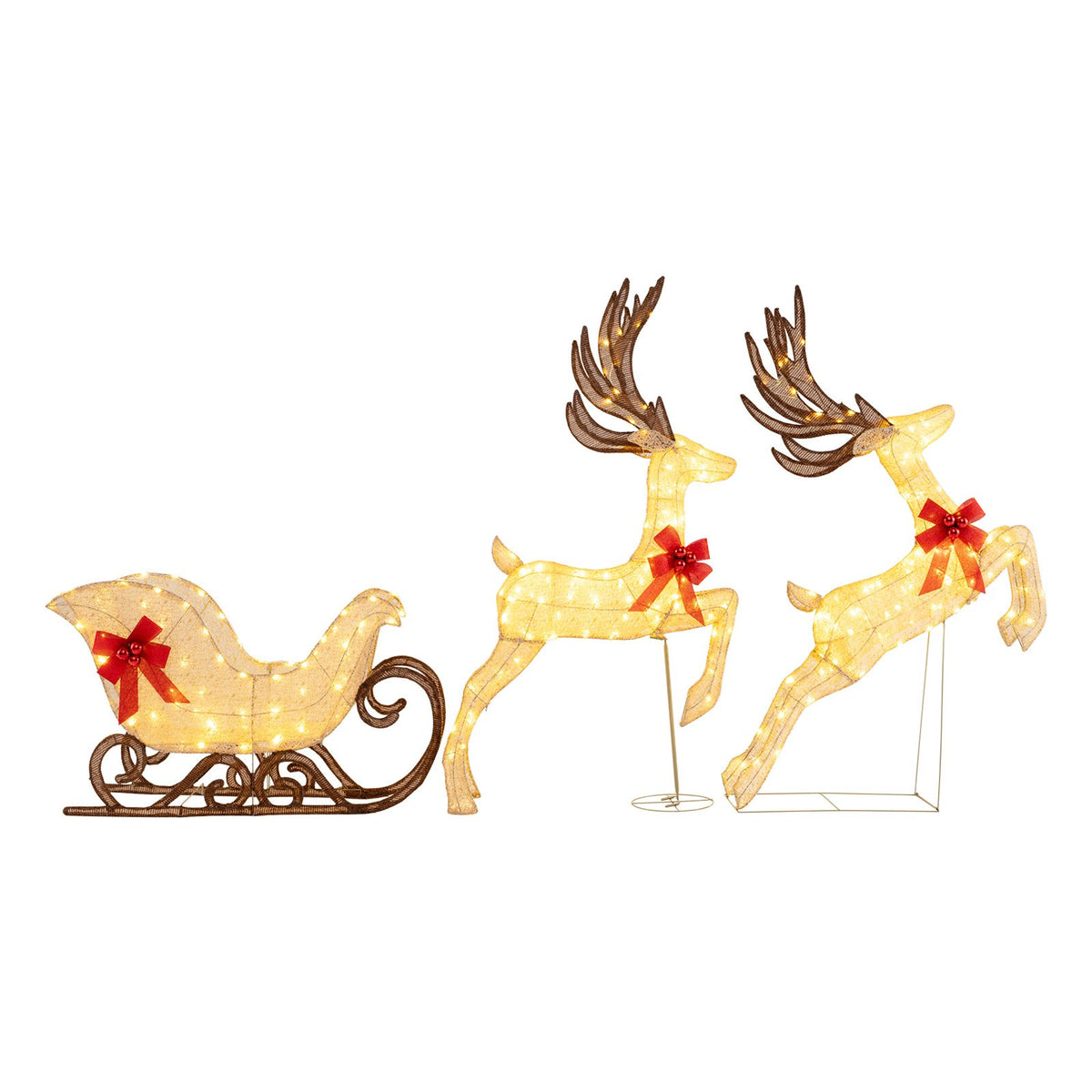 Three-piece Christmas lighted reindeer and sleigh lawn decor set by Wilsons Home Store, festive holiday outdoor decoration.