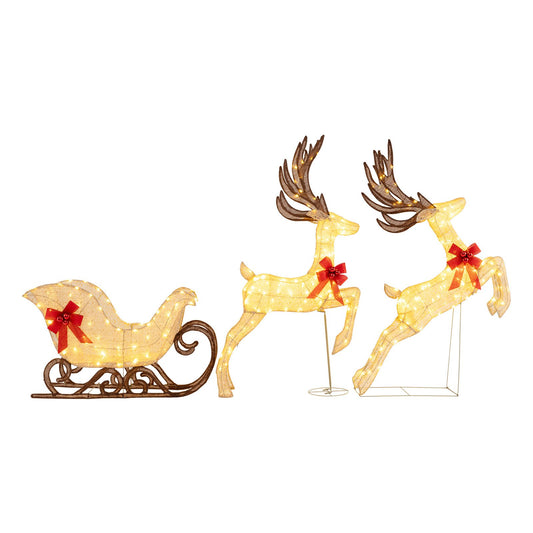 Three-piece Christmas lighted reindeer and sleigh lawn decor set by Wilsons Home Store, festive holiday outdoor decoration.